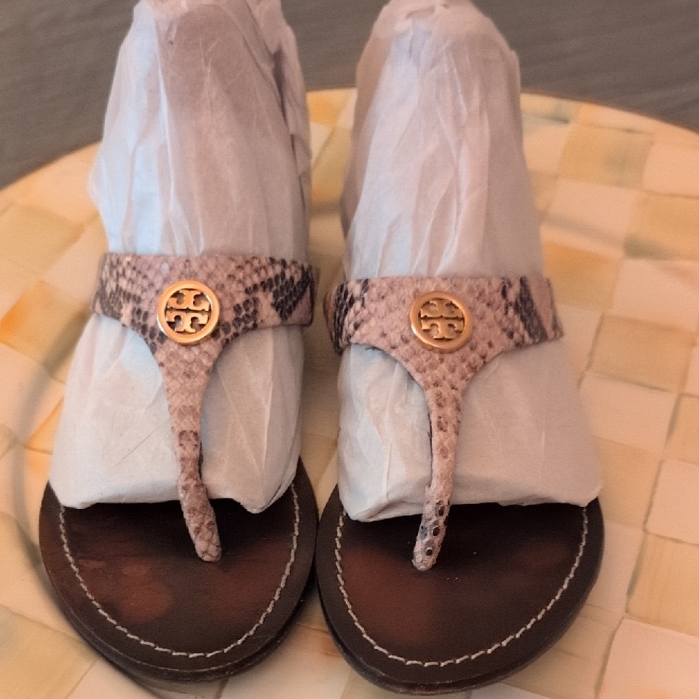 Tory Burch Cream Snakeskin Thong Sandals